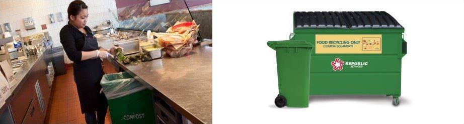 A restaurant employee puts food waste in a compost bin. Green dumpster