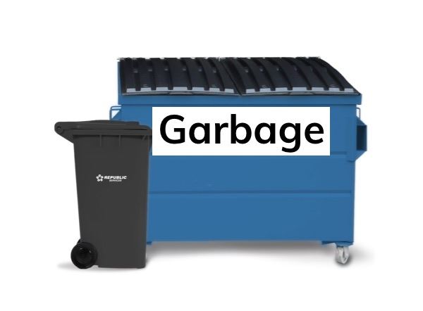 Multi Family Garbage, small black bin or blue dumpster