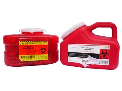 Red sharps and needles container