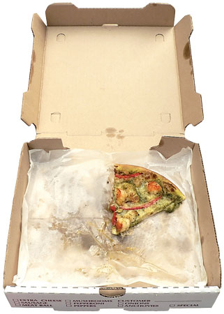 Open, greasy Pizza Box with leftover slice, compost