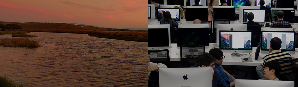 Image of San Francisco Bay Water at Sunset and an Image of people at Apple computers