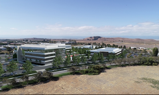 Rendering of building with trees around it and a dry grass field in the foreground