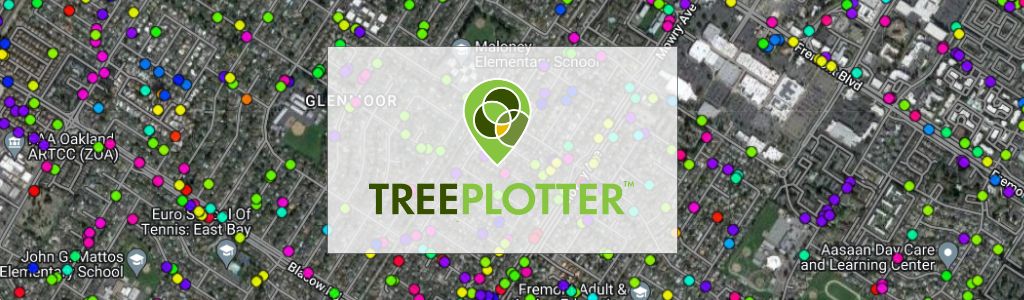 Trees plotted as dots on an aerial view, Tree Plotter logo