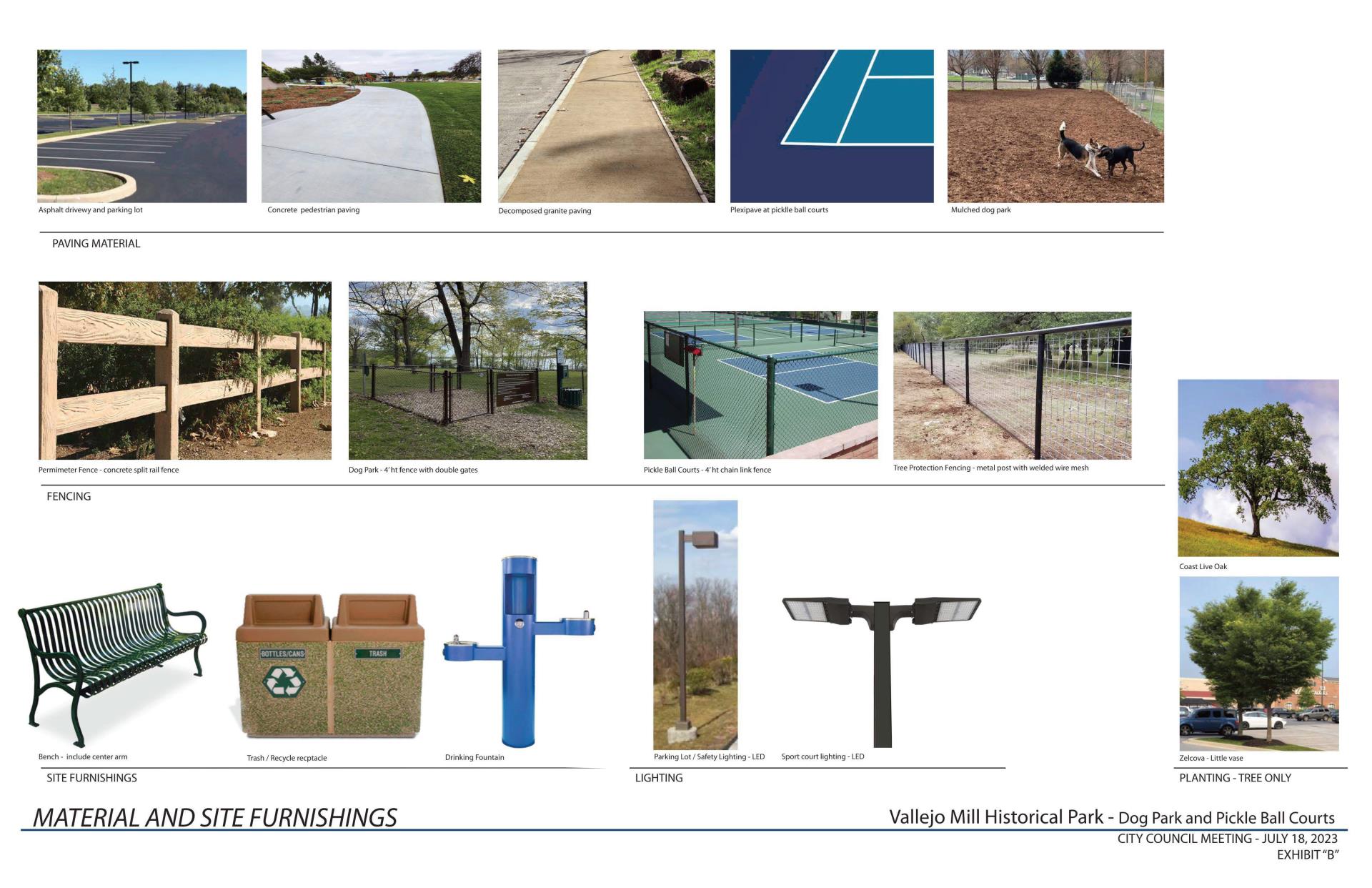 Vallejo Mill Pickleball Court and Dog Park Material and Site Furnishings