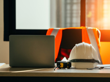 Photo of a desk with a laptop, hardhat, and construction vest