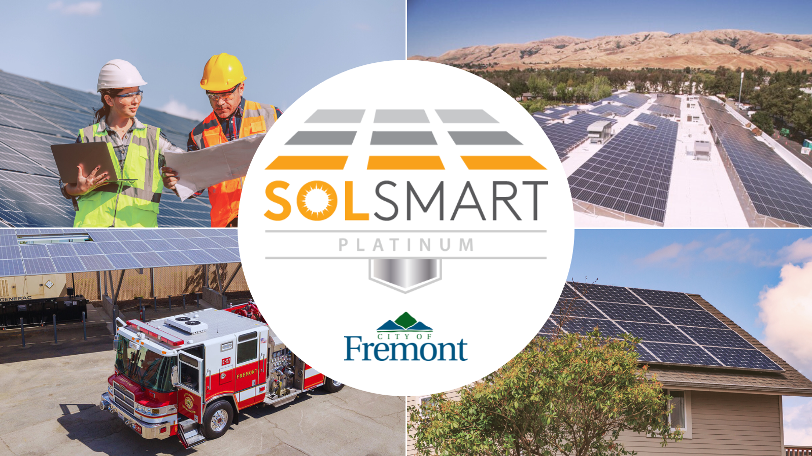 SolSmart platinum recognition logo with City logo and solar installations in Fremont