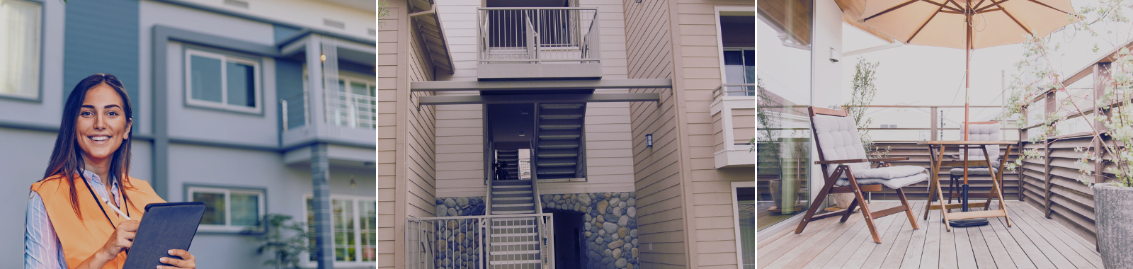 Inspector in front of apartment building, stairs and balconies at an apartment building, and a balcony with a patio set