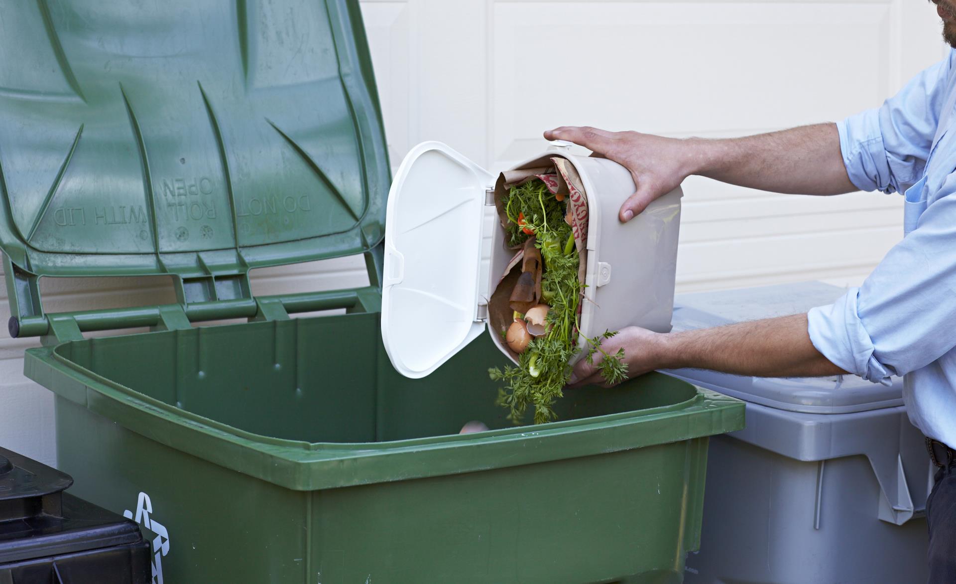 Person throwing compost into green bin