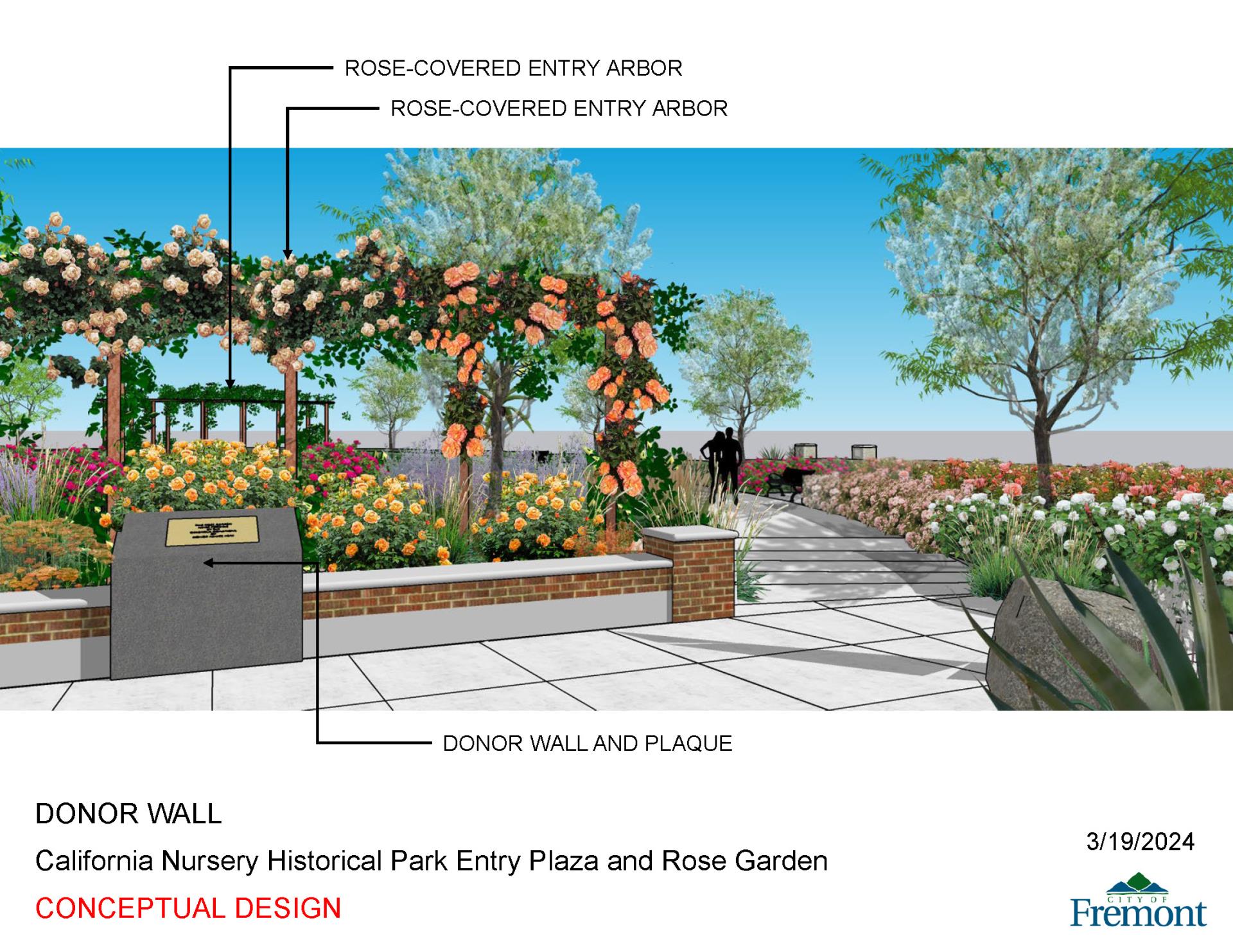 California Nursery Historical Park Entry Plaza and Rose Garden Concept Design Donor Wall