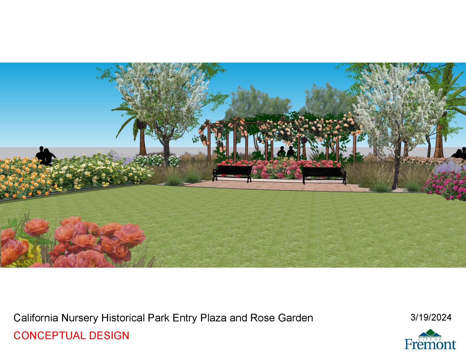 California Nursery Historical Park Entry Plaza and Rose Garden Concept Design Lawn and Trellis Area