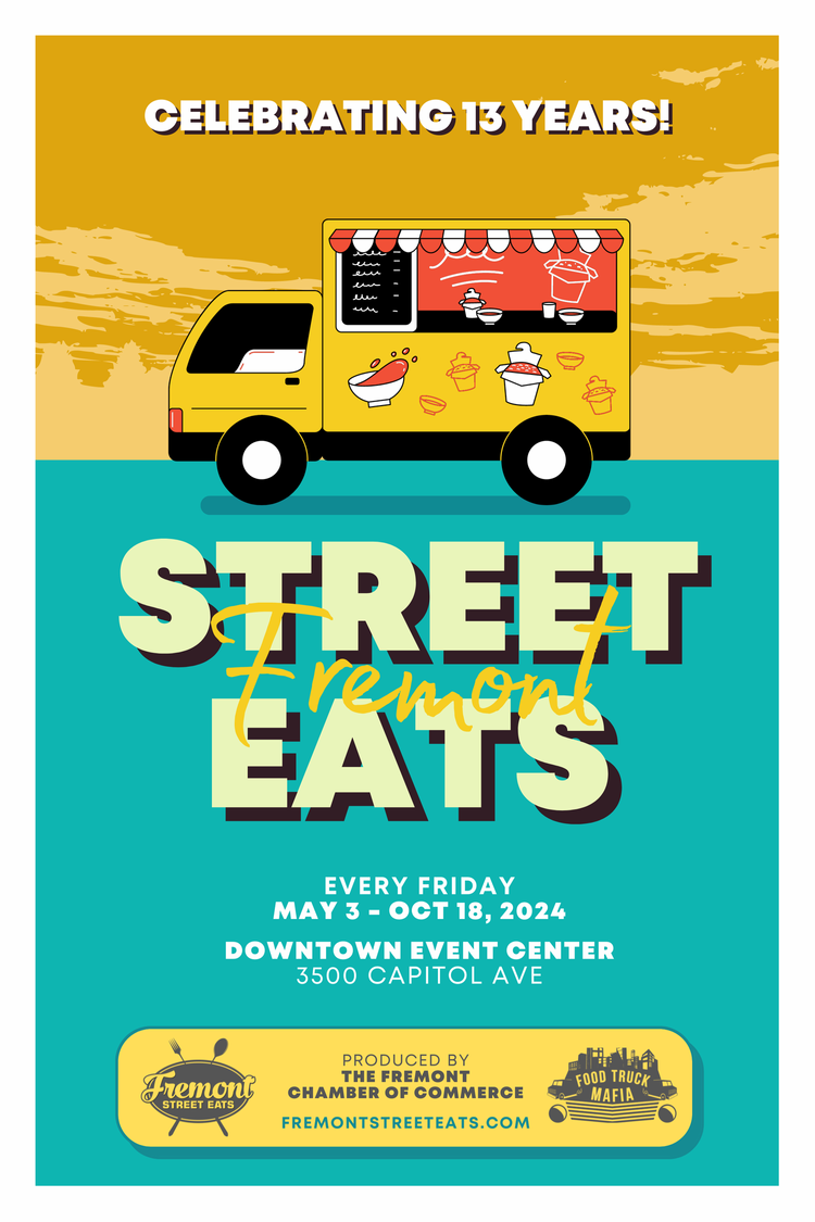 2024 Fremont Street Eats with food truck. May 3 through October 18, from 5:00 pm to 9:00 pm at the Downtown Event Center and Plaza, 3500 Capitol Ave. Produced by the Fremont Chamber of Commerce in partnership with the Food Truck Mafia