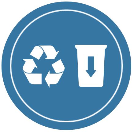 Recycling logo and trash can with arrow pointing down