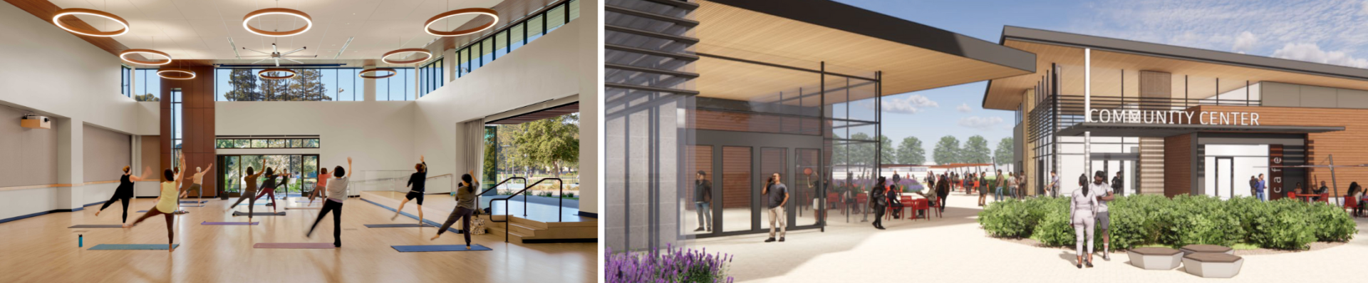 Two renderings of the New Community Center. Left shows image of people in a yoga space and right image shows a rendering of the front of the building.