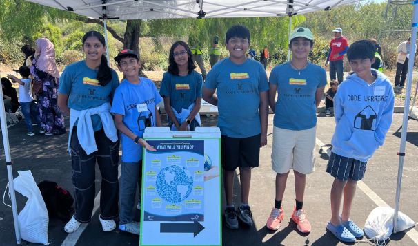 Group of kids in front of CleanSwell Sign